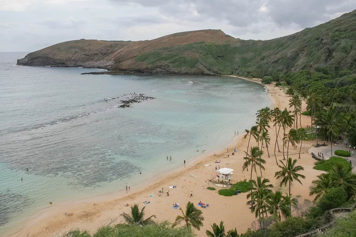 The curved palm-fringed beach and reef-filled water of Hanauma Bay on Oahu, below the crater rim
