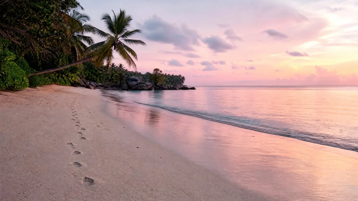 A quiet tropical beach at dawn, soft pink light, glassy water, footprints in the sand