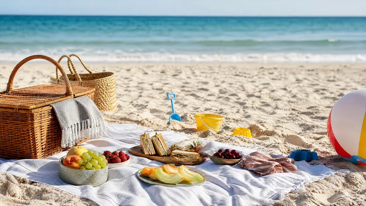 A picnic blanket on the sand with a basket, fruit, sandwiches and beach toys for several people