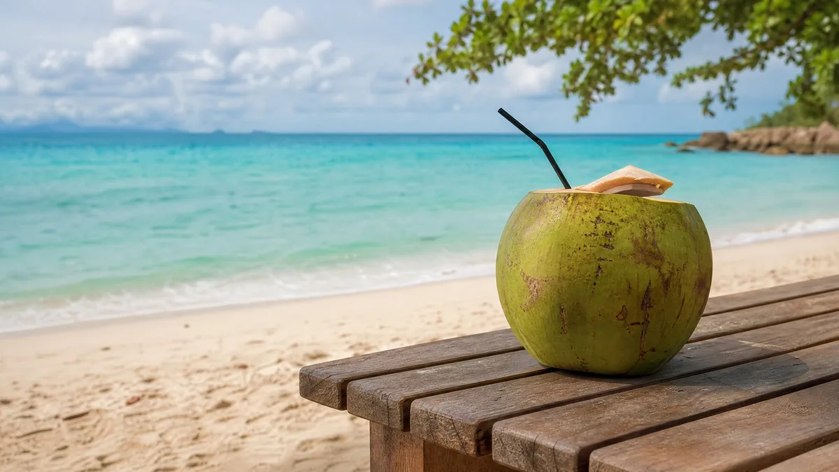 A fresh green coconut with a straw on a wooden table beside the sand, turquoise sea behind