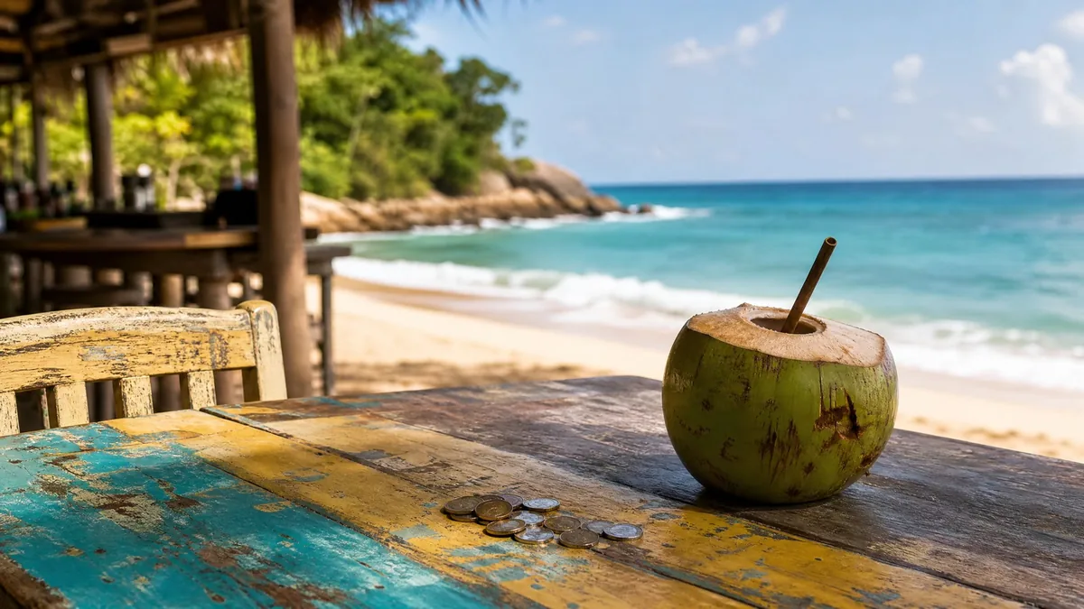 A few coins and a coconut drink on a beach-shack table, cheap and cheerful, sea behind
