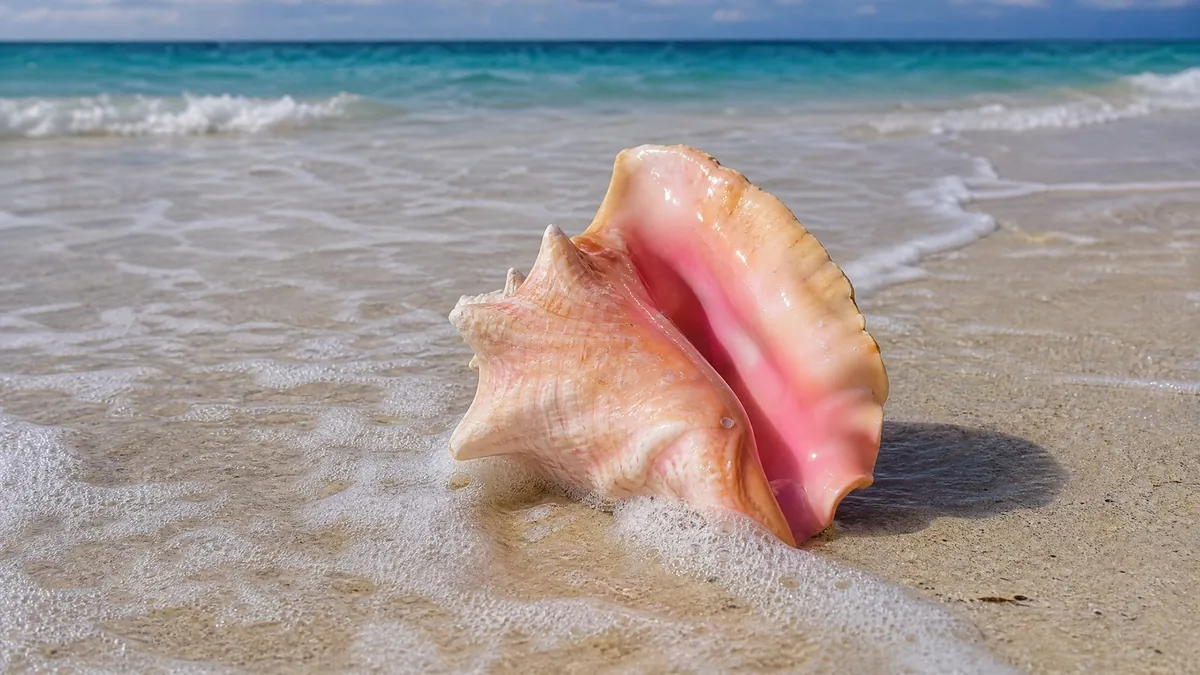 A large pink queen conch shell on wet sand at the water's edge, gentle wave foam around it