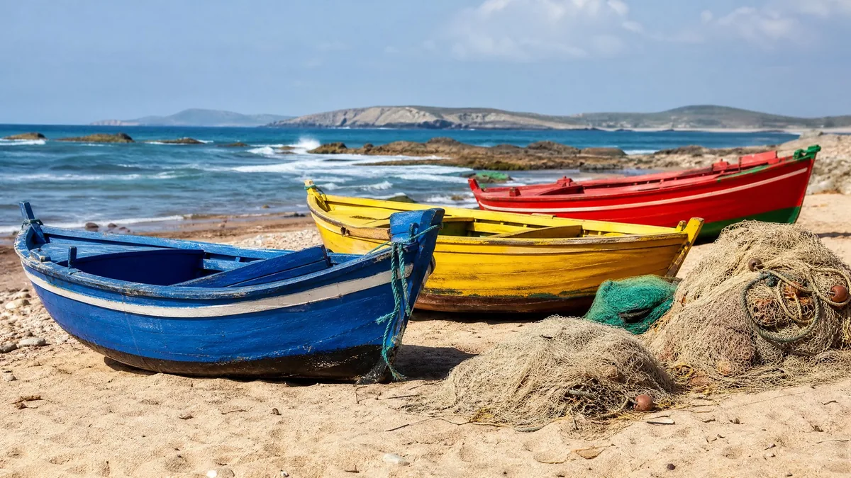 Three small wooden fishing boats painted bright blue, yellow and red pulled up on a sandy beach, nets piled beside them
