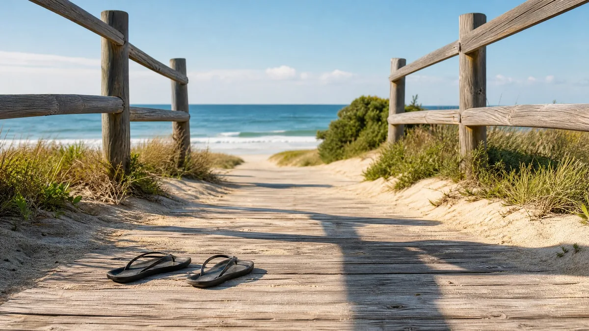 A pair of flip-flops left on a sandy wooden boardwalk leading to the beach, sunny day