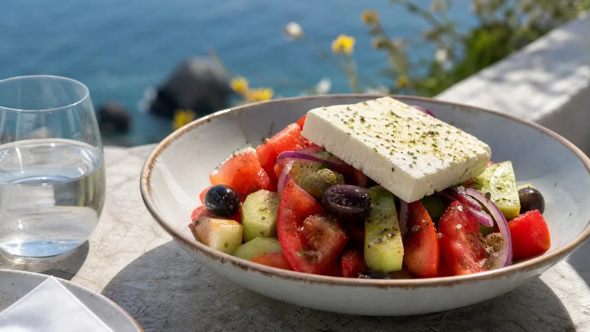 A Greek salad with tomatoes, cucumber, olives and a slab of feta on a terrace table, sea blurred behind