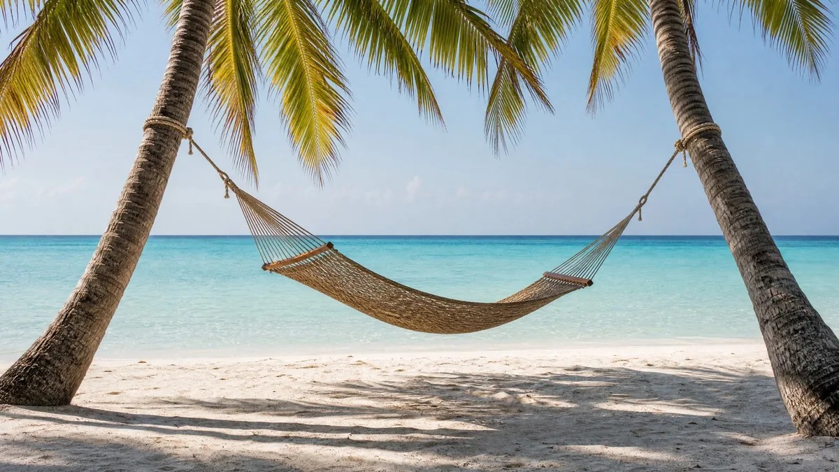A woven hammock strung between two leaning palm trees over white sand, calm turquoise water behind, afternoon light