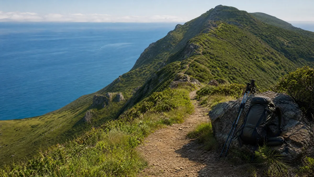 A narrow hiking trail along a green ridge with ocean views far below, hiking poles and a backpack resting on a rock