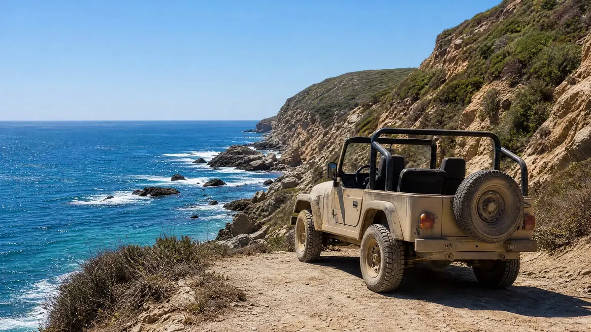 A dusty open-top off-road vehicle