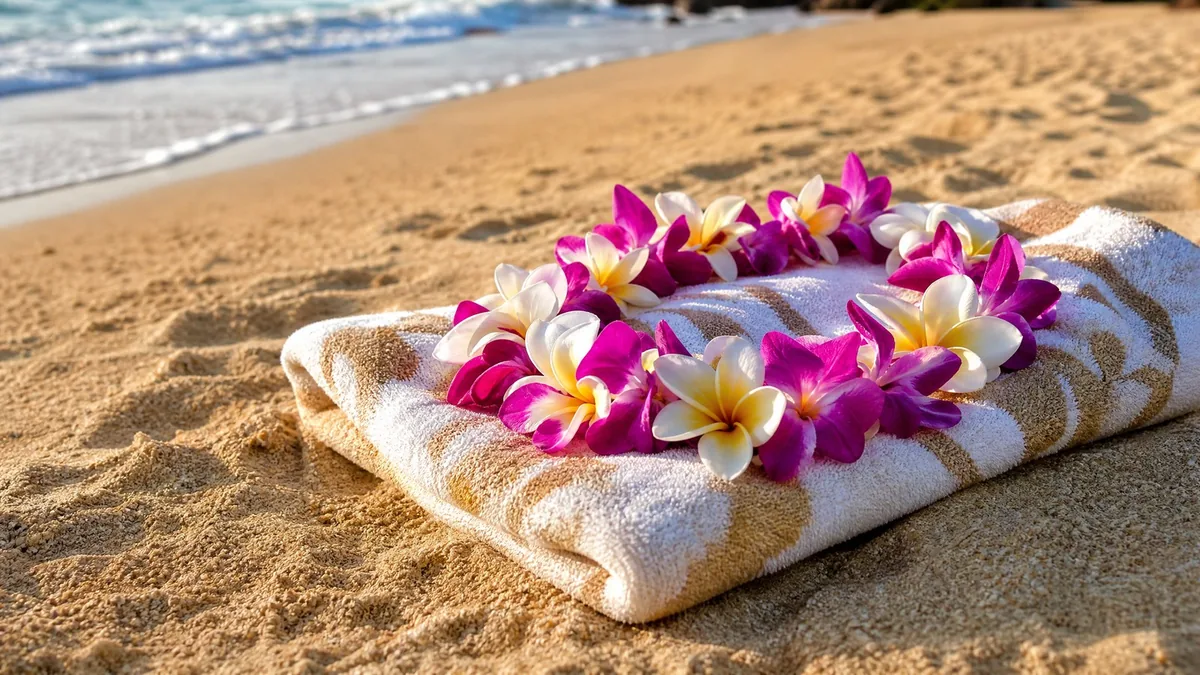 A fresh flower lei of plumeria and orchids lying on a folded beach towel on golden sand