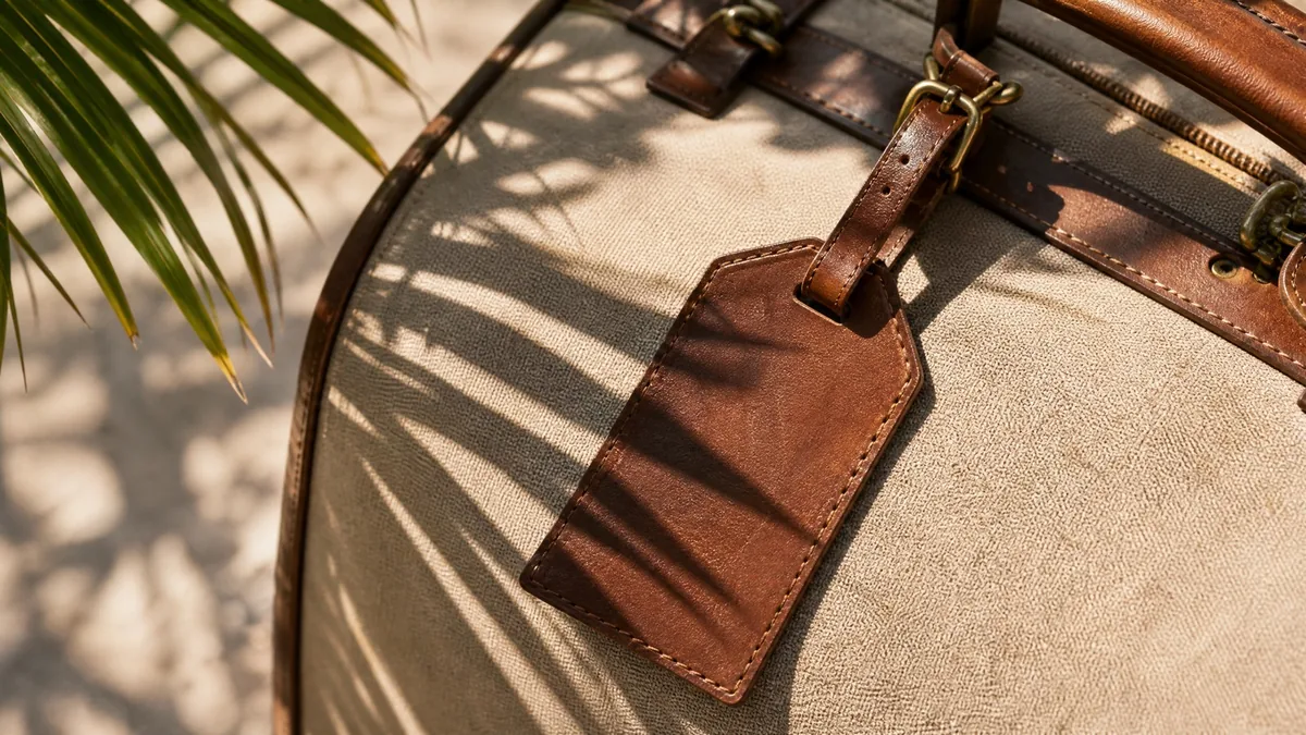 A brown leather luggage tag