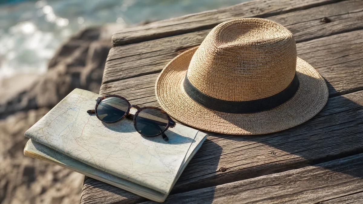 A straw hat, sunglasses and a folded paper map
