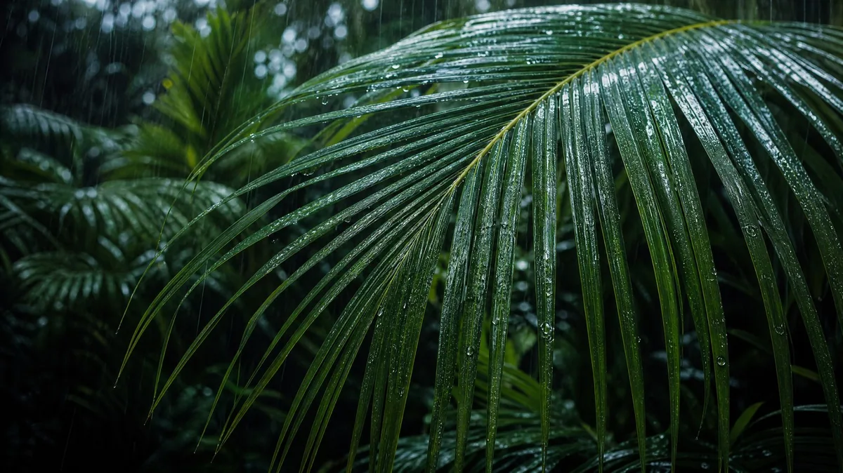 Heavy tropical rain falling on broad palm leaves, droplets in close-up, dark green tones
