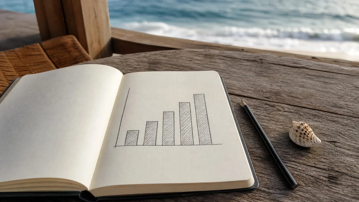 An open notebook with a hand-drawn bar chart and no words or numbers, a pencil and a small seashell on a wooden table