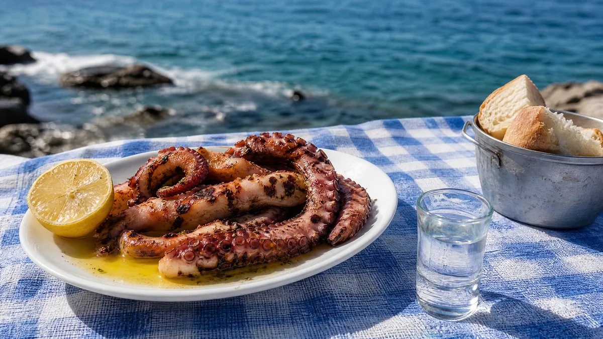 A plate of grilled octopus with lemon and olive oil beside a small glass of ouzo on a blue-and-white checked tablecloth by the sea