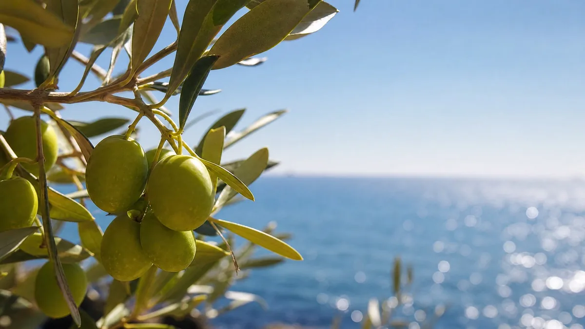 An olive tree branch with green olives in close-up, sea sparkling blurred behind