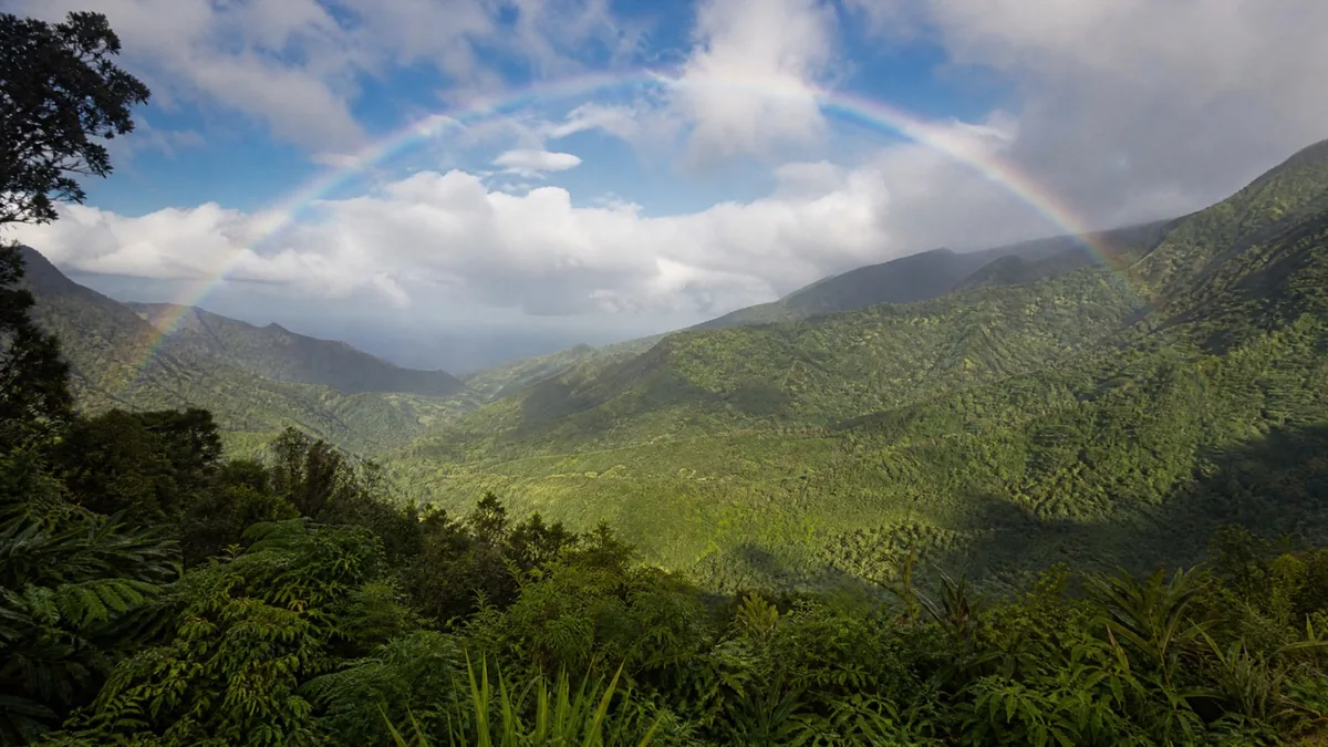 A rainbow arching over a lush green tropical valley under scattered clouds