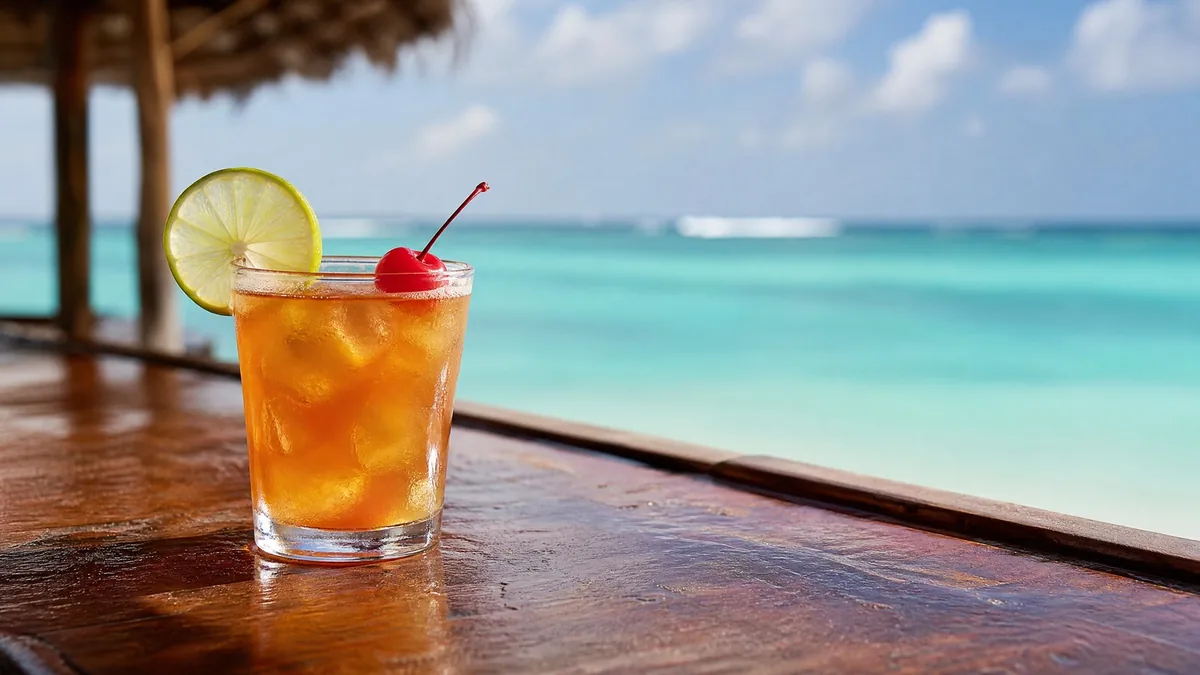 A glass of rum punch with a lime wheel and a cherry on a wooden beach-bar counter, blurred turquoise sea behind