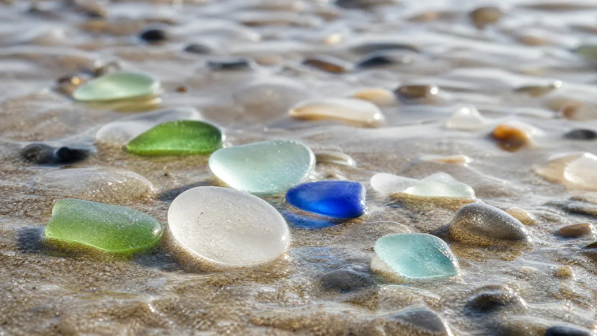 Pieces of frosted green, blue and white sea glass on wet sand in close-up