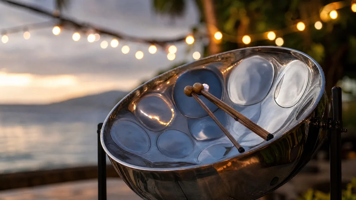 A shiny chromed steel pan drum with its mallets resting on top, warm evening light, blurred string lights behind