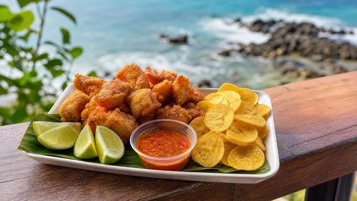 A tray of assorted island street food: fried fish bites, plantain chips, a small cup of spicy sauce and lime wedges, on a wooden counter