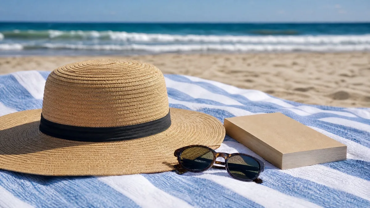 A wide straw sun hat, sunglasses and a paperback book with a plain cover on a striped beach towel
