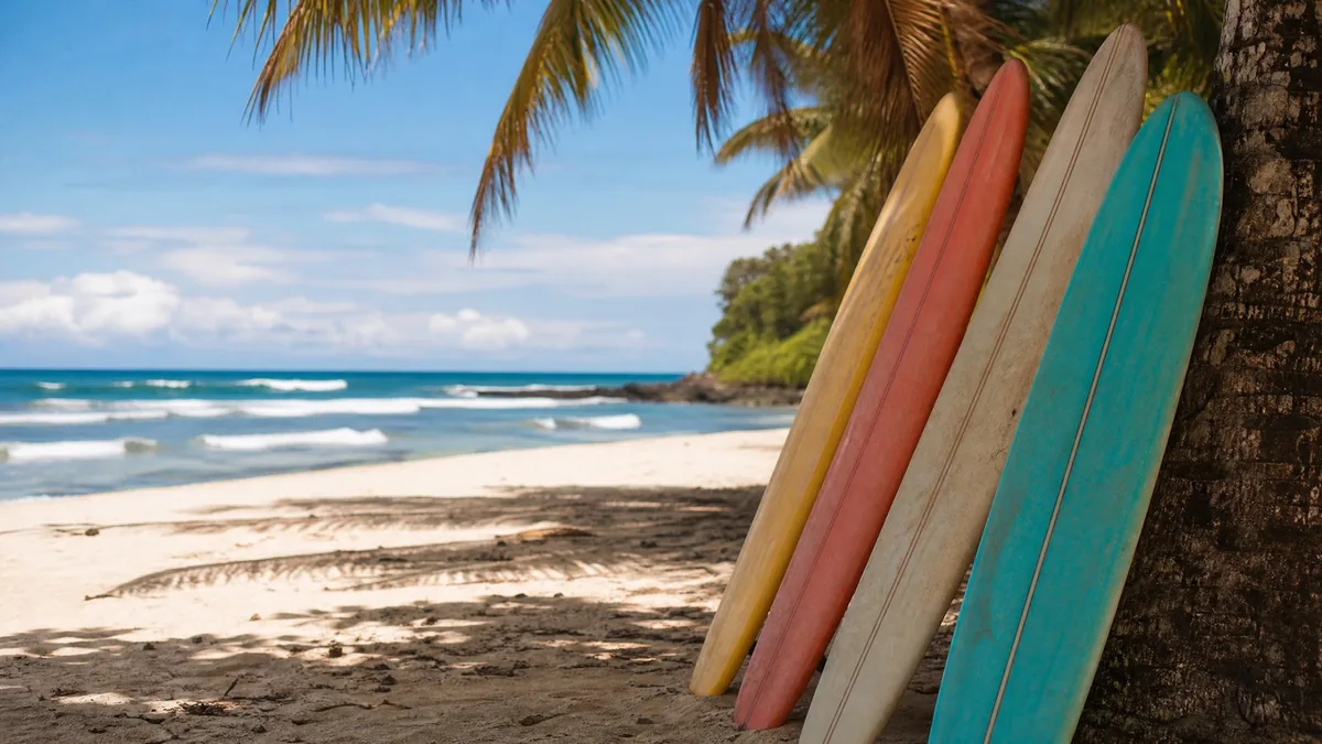 Several colorful longboard surfboards leaning against a palm trunk on a sandy beach