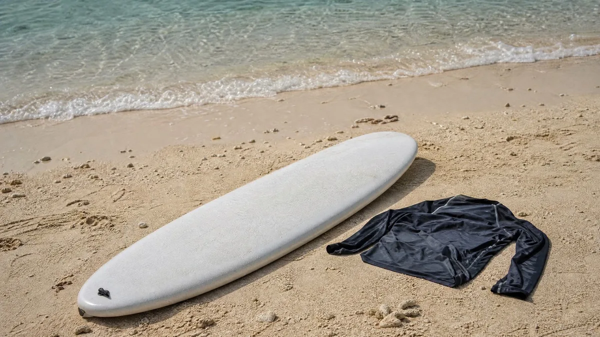 A foam surfboard and a rash guard lying on the sand by small clean waves