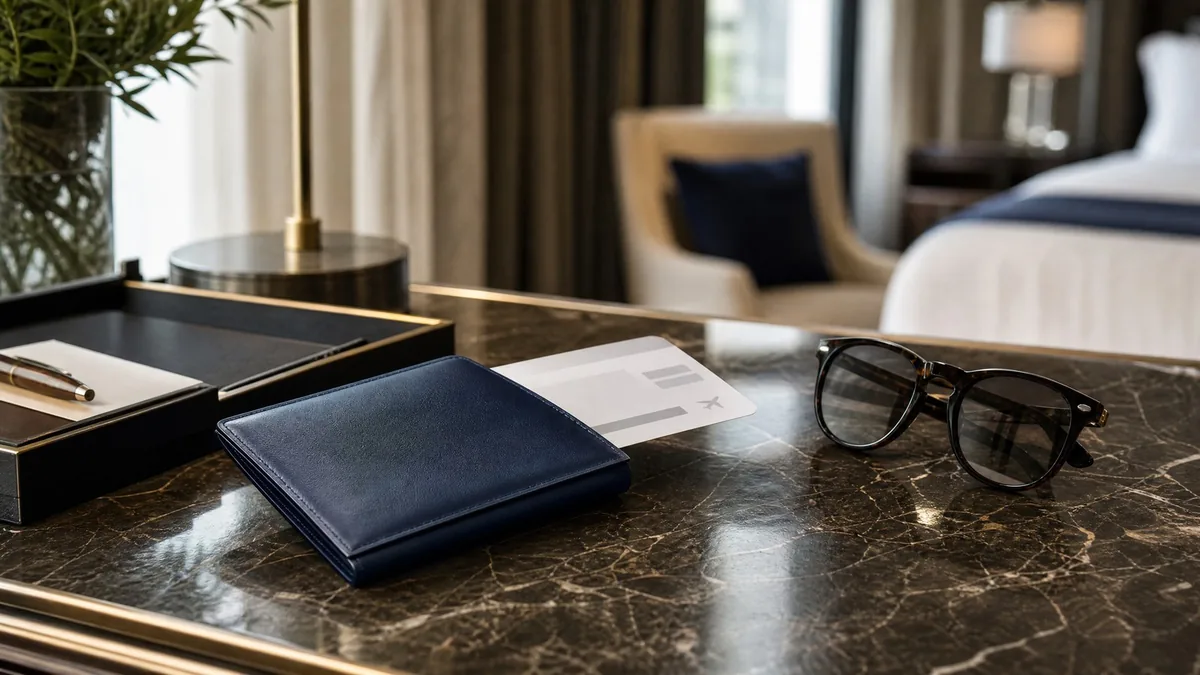 A navy-blue travel document wallet