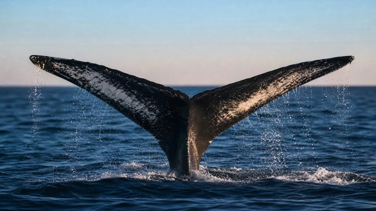 The tail fluke of a humpback whale rising out of a dark blue ocean, water dripping, distant horizon only