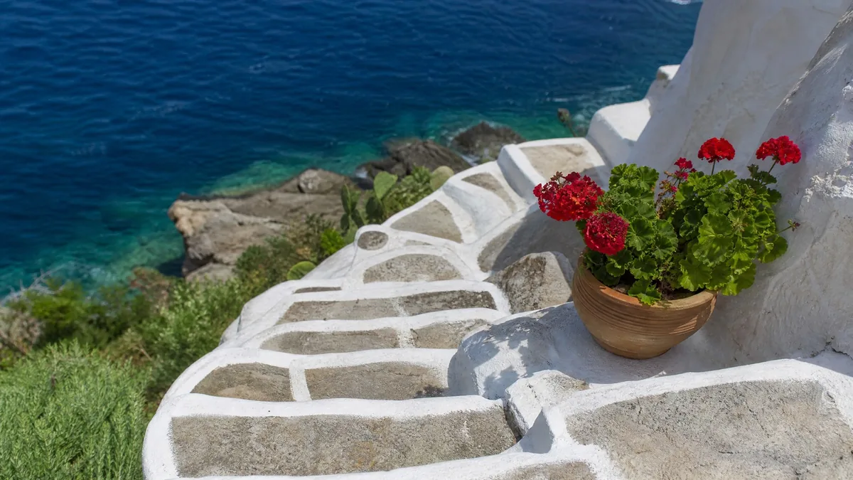 Whitewashed stone steps edged in white lime leading down toward the sea, a potted geranium on one step