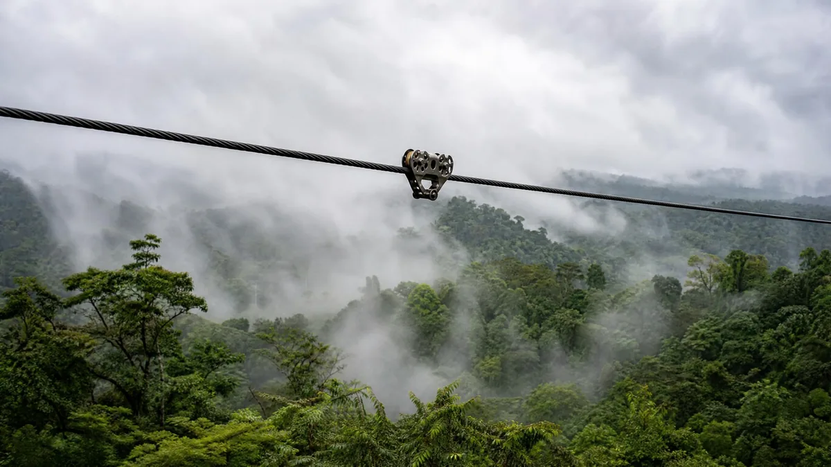 A steel zipline cable and pulley stretching across a green jungle valley, misty forest below