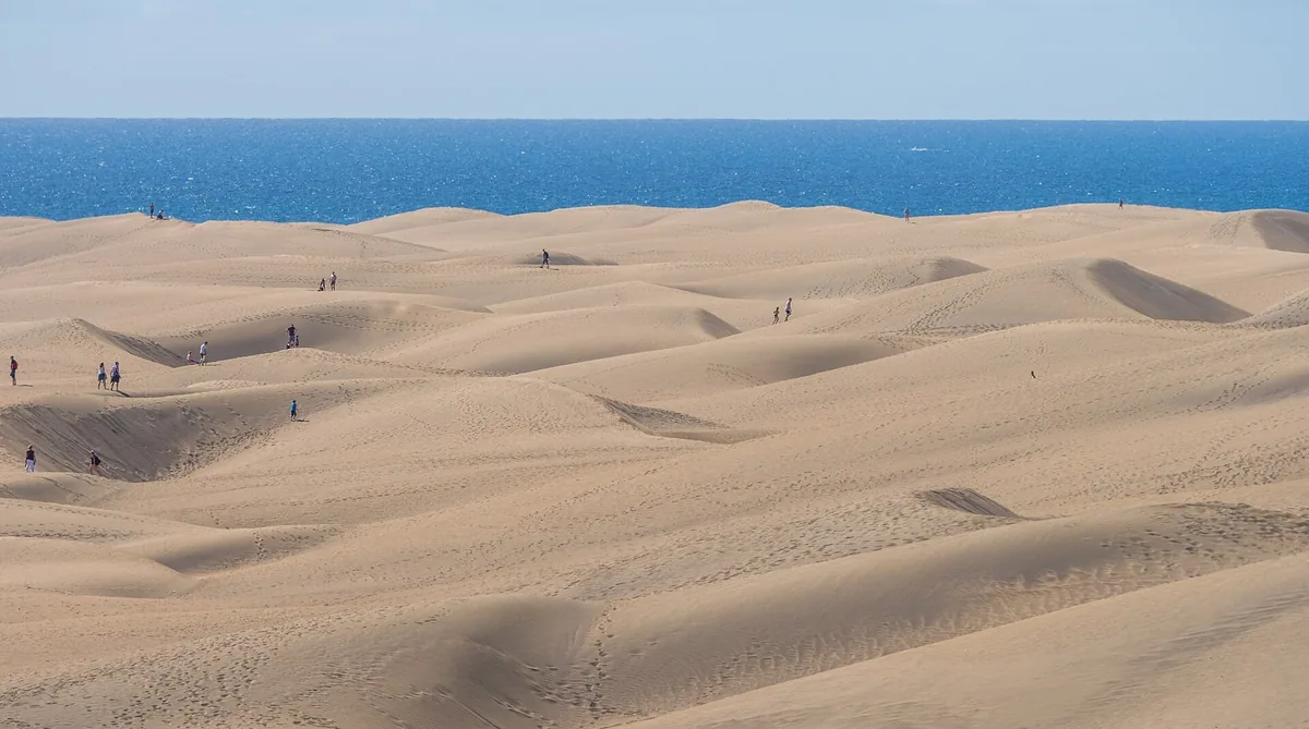 Rolling golden sand dunes of Maspalomas on Gran Canaria with the Atlantic beyond