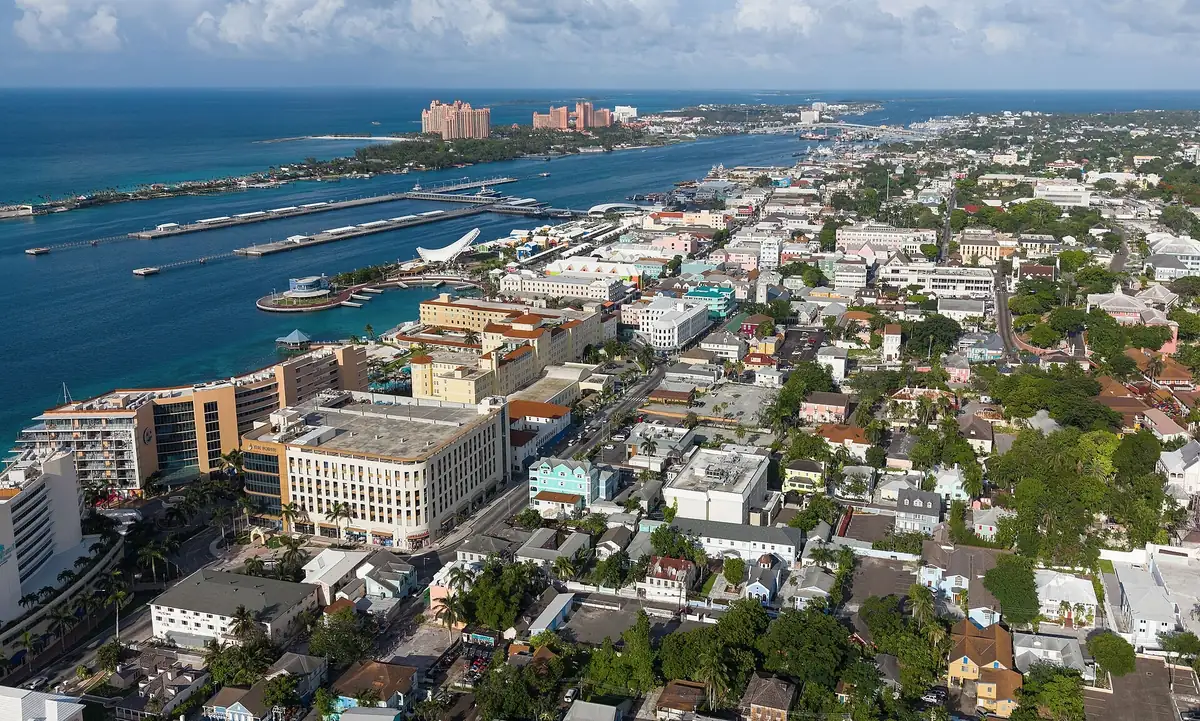 Aerial view of downtown Nassau and its harbour, with Paradise Island and its resort towers across the water