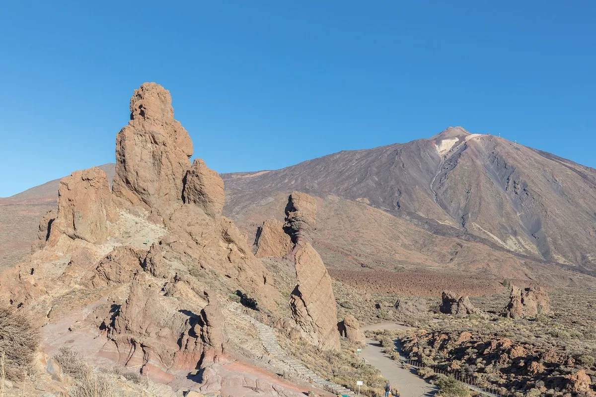 The Roques de García rock spires in front of the volcano Teide in Teide National Park, Tenerife